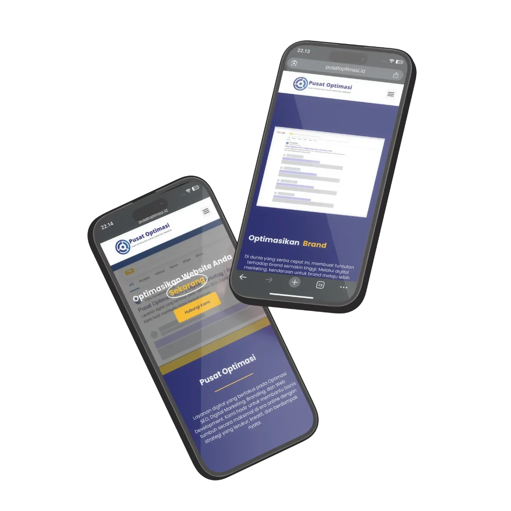 mockup portofolio pusatoptimasi.id pada layar mobile phone