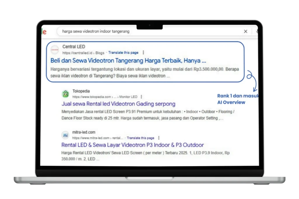 hasil optimasi SEO untuk website centralled